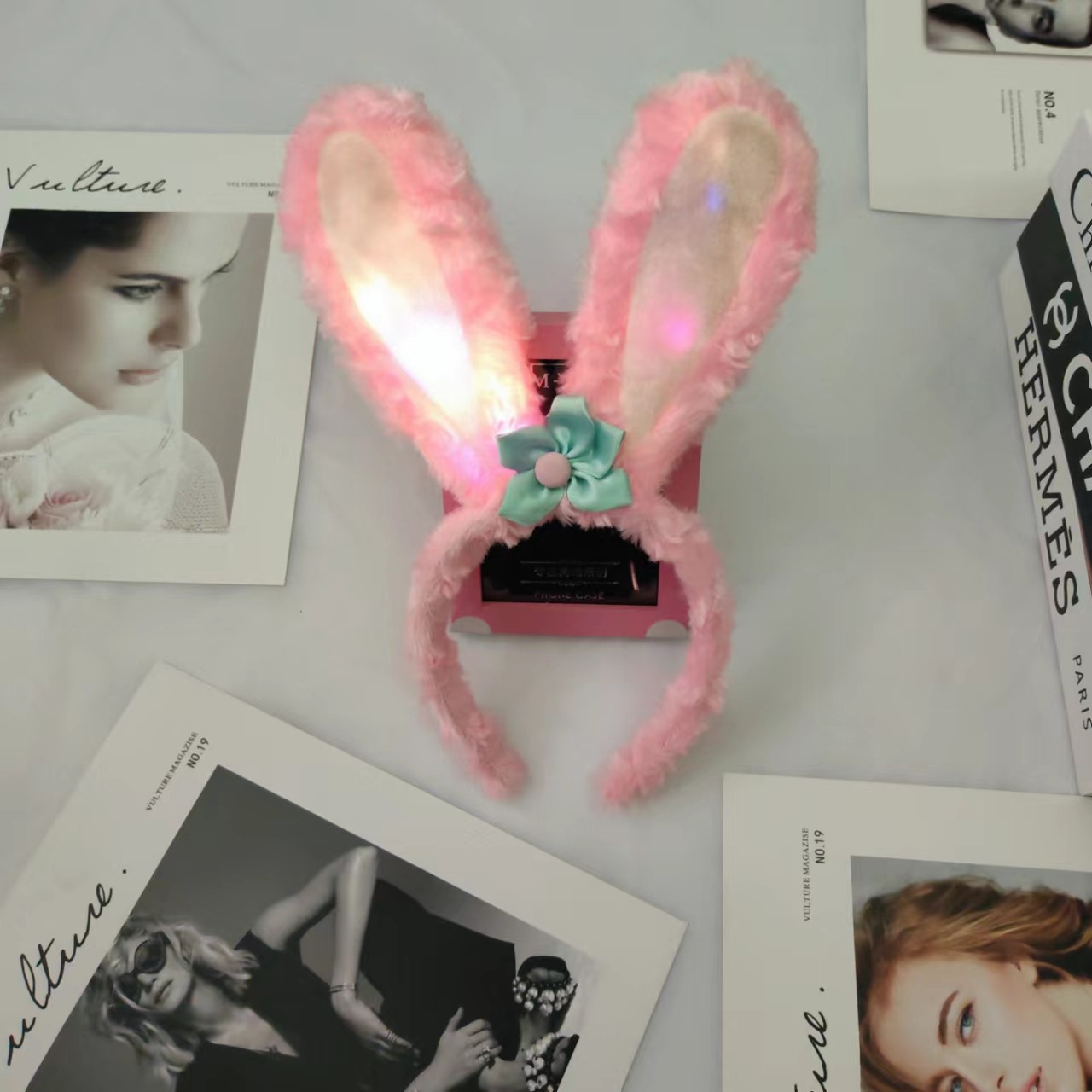 Luminous cartoon plush headband with cute bunny ears and furry hair pressure headband for girls