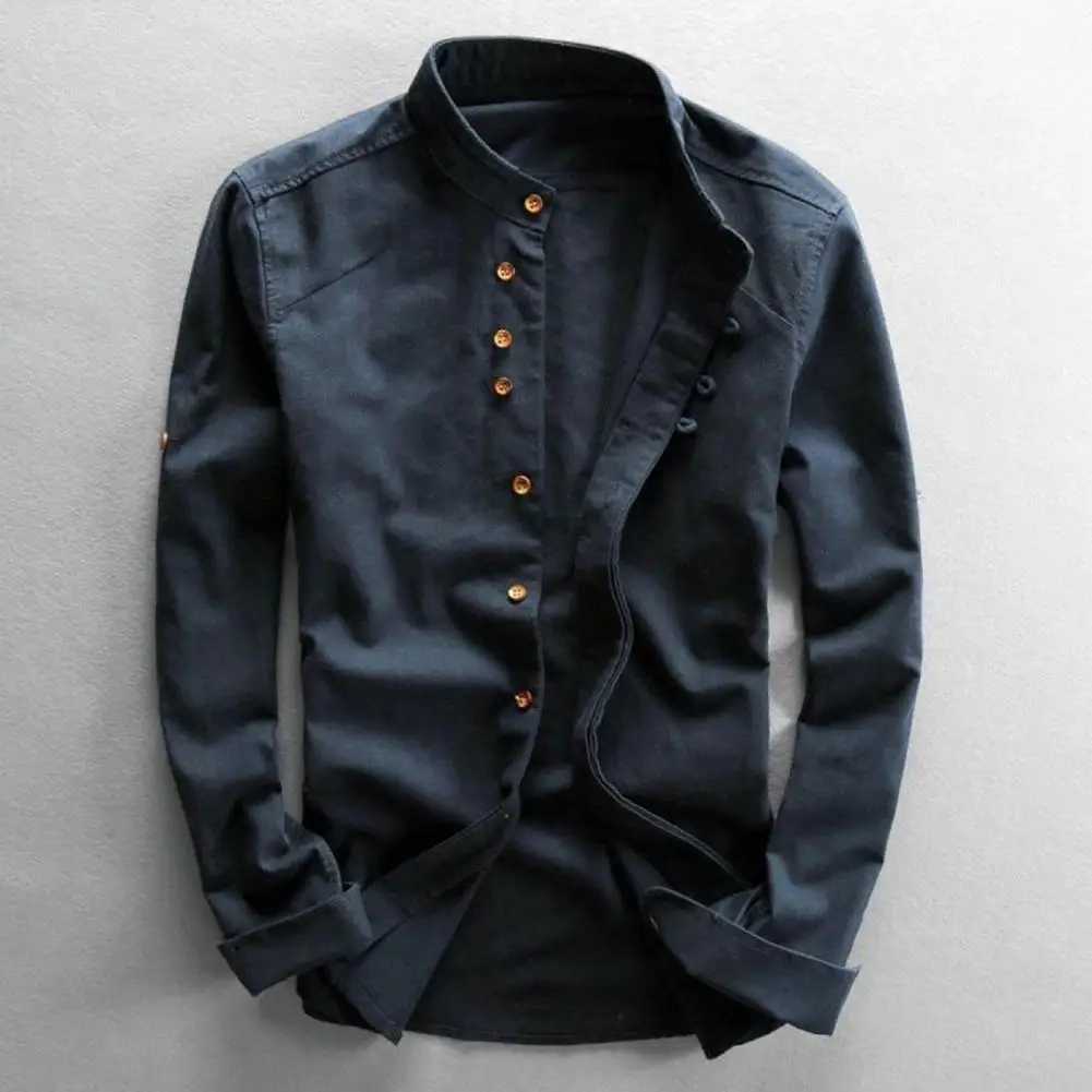 Mens linen cotton shirt cotton linen stand collar long sleeved slim fit mens casual shirt single chest classic office shirt W250103