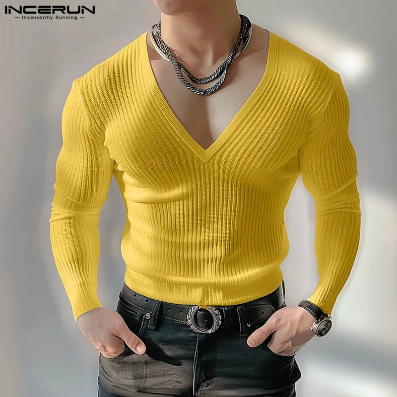 INCERUN Tops 2024 Korean Style Men Solid V-neck Knitted T-shirts Summer Casual Streetwear Simple Long Sleeved Camiseta S-5XL 250102