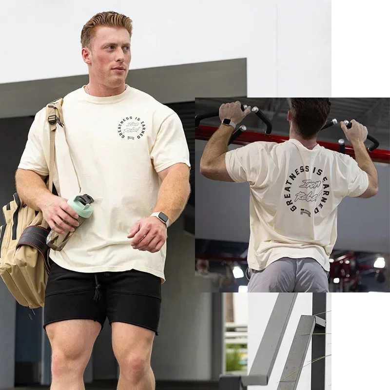 Gym Fitness T-shirt Summer New Loose Large Men Short Sleeve IR Rhino Muscular Tee Fitness Joggers Cotton Crew Neck T Shirt TopsXJ240102
