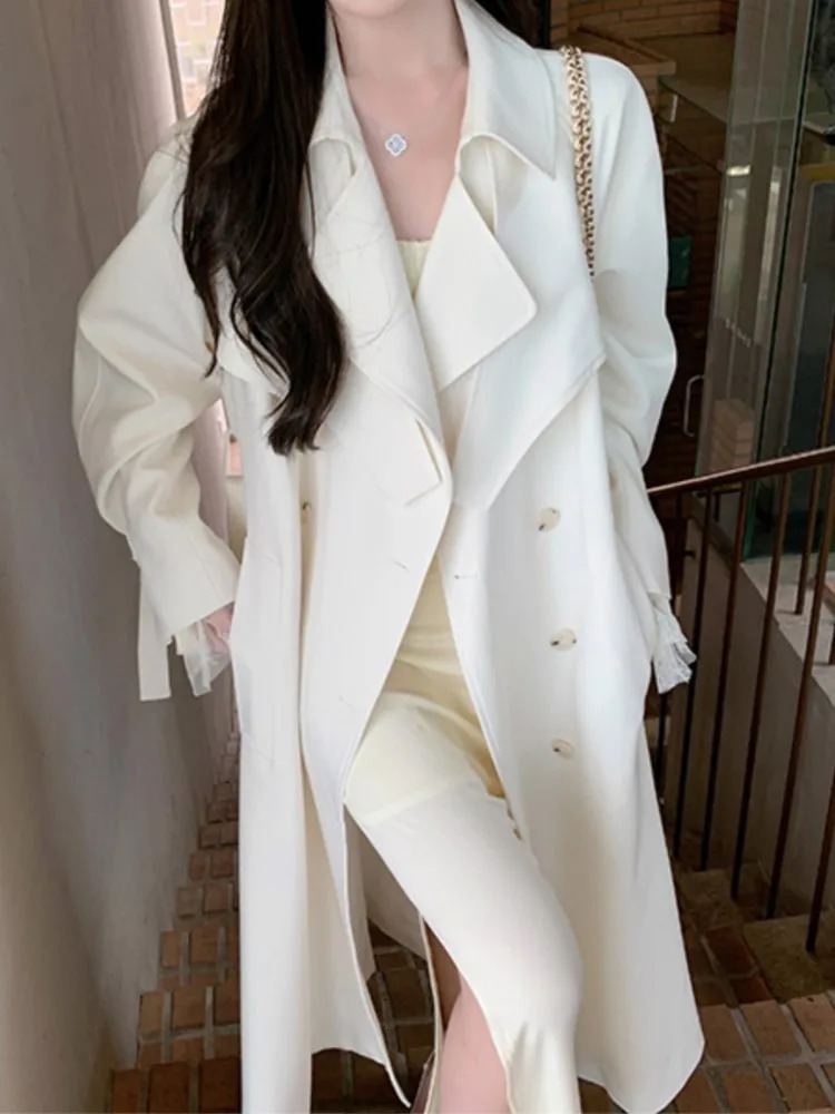 Streetwear Loose Trench Coat Midi Length Double Breasted Fashion Korean Elegant Solid Womens Windbreaker Coat Casual Autumn 241224