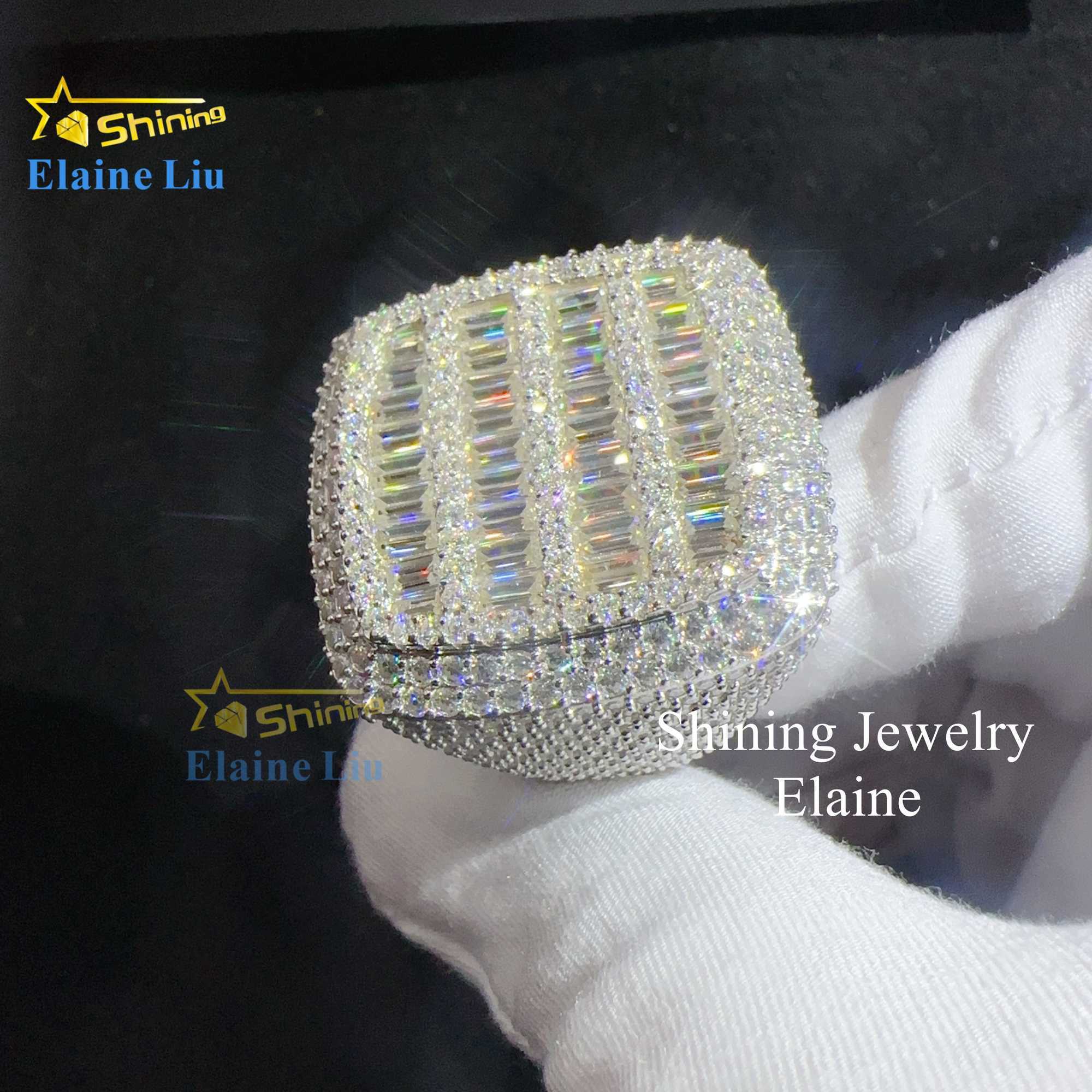 Baguette hip hop custom vvs moissanite mens iced out 925 sterling silver ring