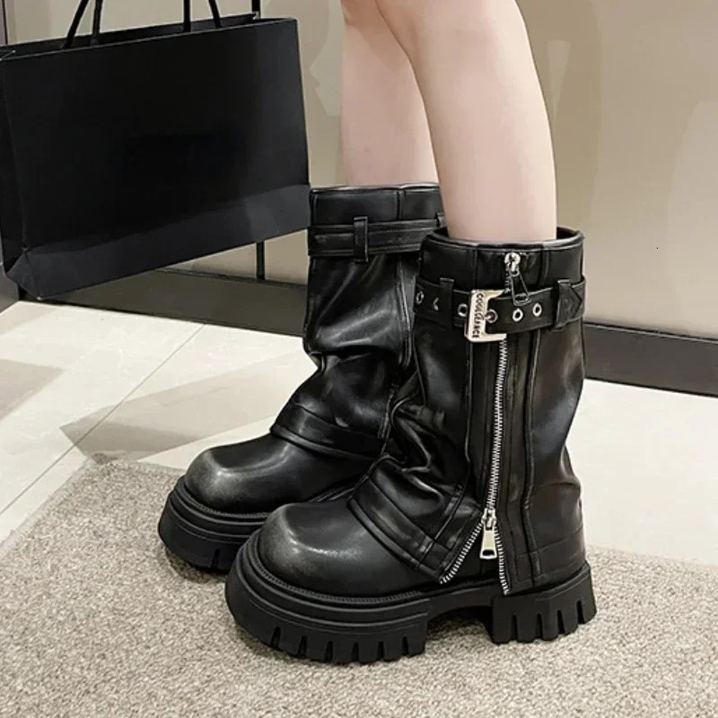 Ladies Shoes on Sale Fashion Side Zipper Womens Boots Winter Square Toe Solid Middle Tube Platform Chunky Heels Boots250102
