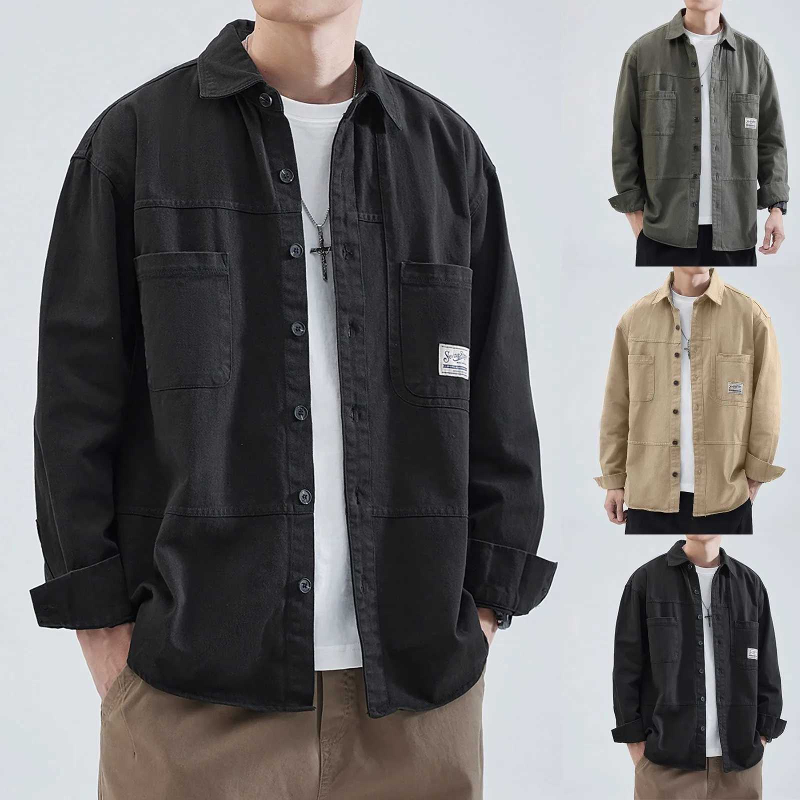 Mens work shirt jacket spring and autumn Japanese loose open top shirt casual long sleeved mens Ropa Hombre shirt W250103