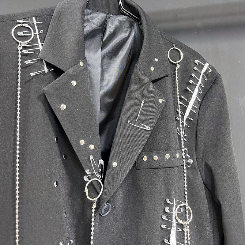 PFHQ Solid Color Long Sleeve Metal Chain Causal Blazers For Men Single Breasted Men's Rivet Coat 2023 Summer New Tide 21F4067