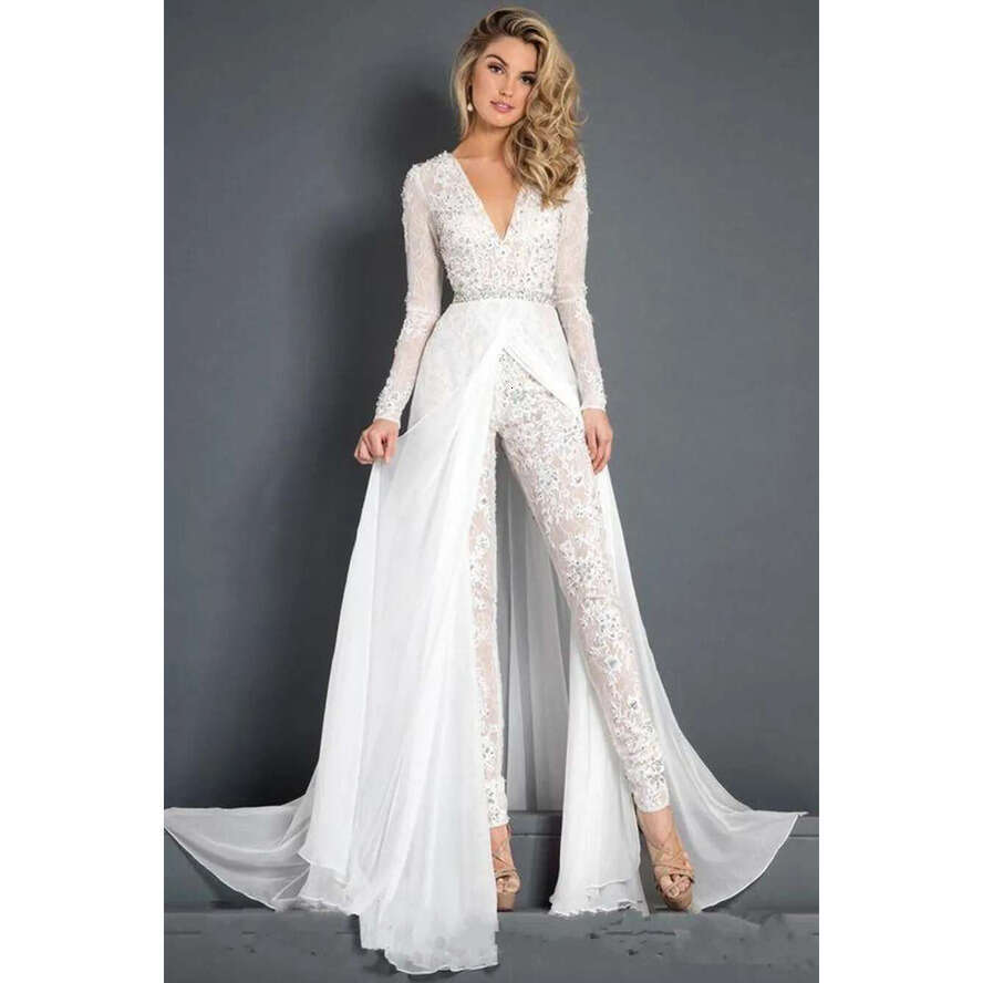 New Lace Chiffon Wedding Dress With Train Modest V-Neck Long Sleeve Beaded Belt Wy Skirt Beach Casual Jumpsuit Bridal Gown