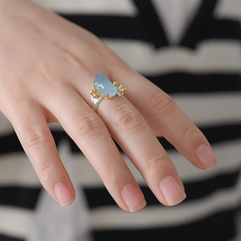 Lotus Fun 18K gold natural aquamarine gemstone womens adjustable flower ring genuine 925 sterling silver exquisite jewelry 250102