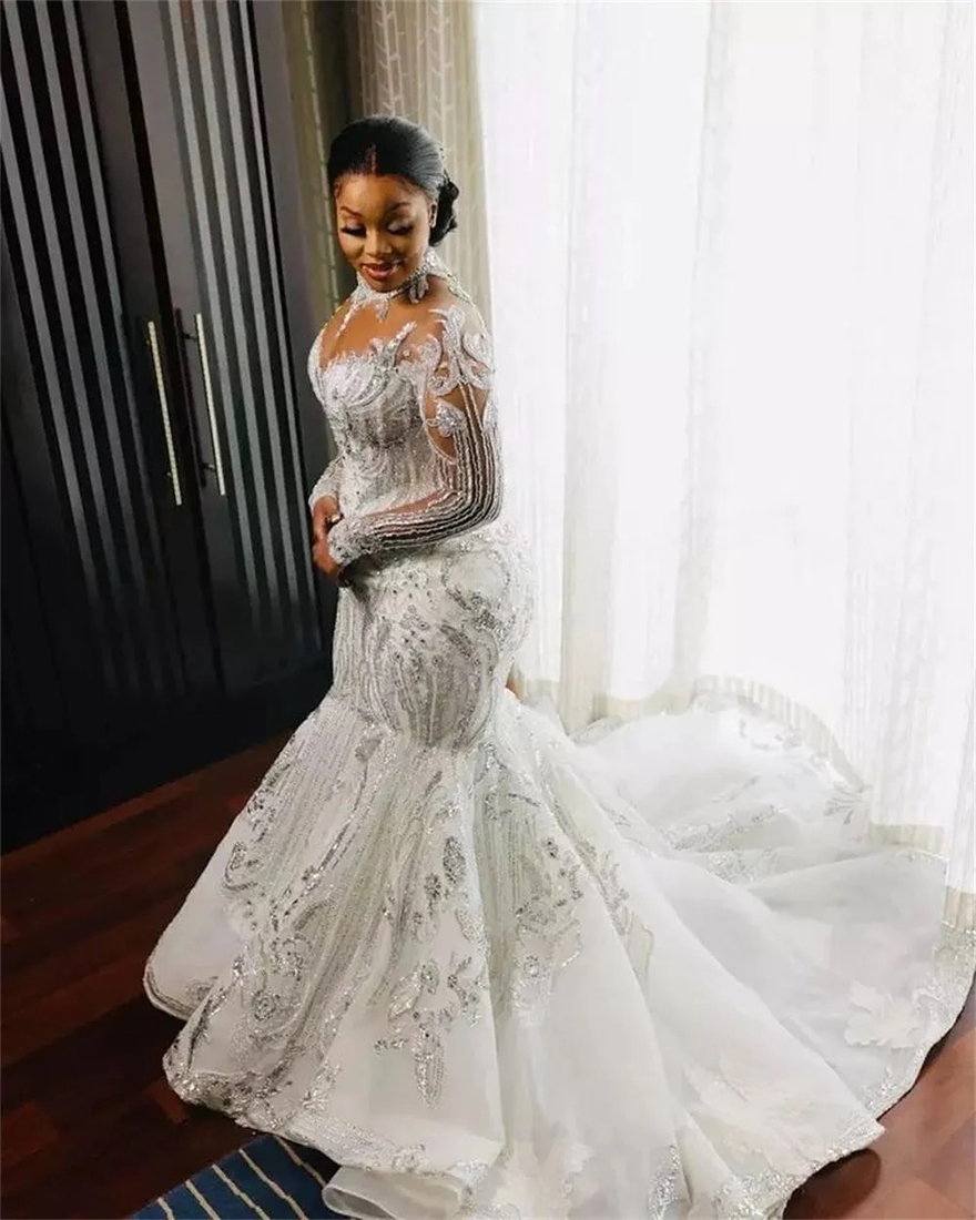 Vintage Saudi Arabia Mermaid Wedding Dress High Neck Long Sleeve Bridal Gowns Crystal Bride robes de mariee Plus Size Free shipping