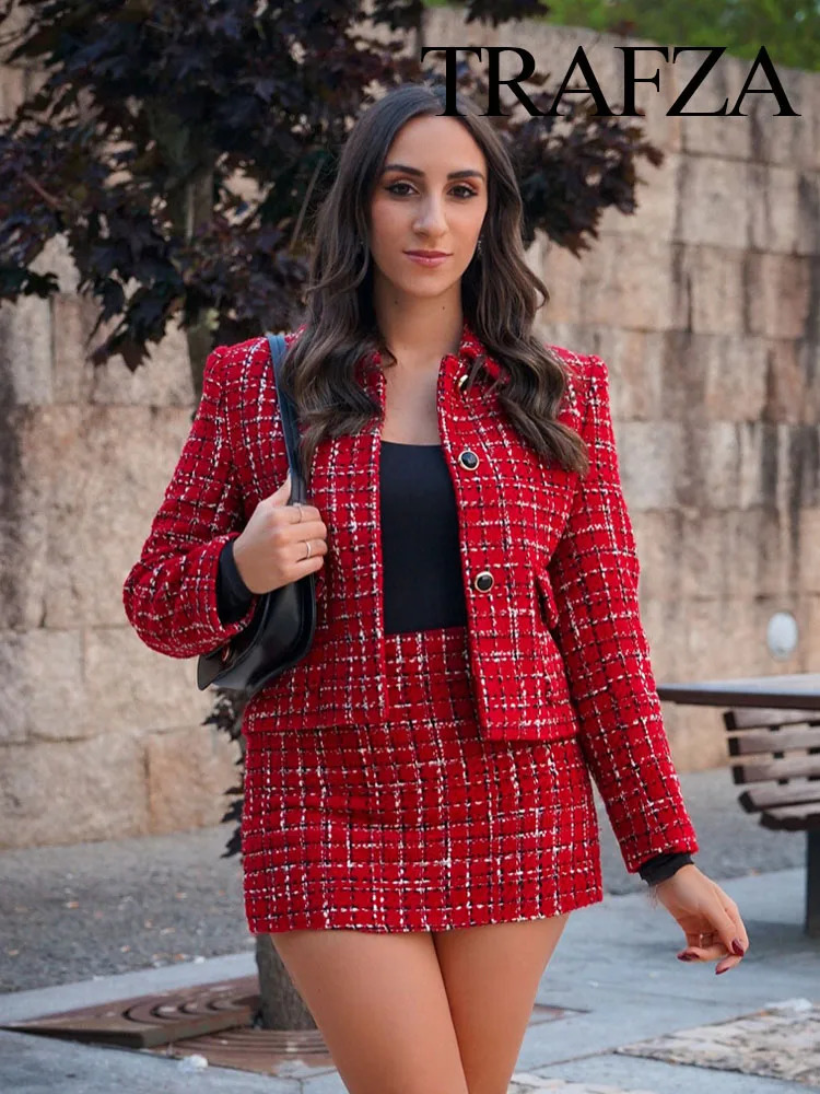 TRAFZA Women Red Texture Single Breasted Pocket Lapel Decorate Jacket CoatElegant High Waist Side Zipper Culottes 2 Piece Set250102