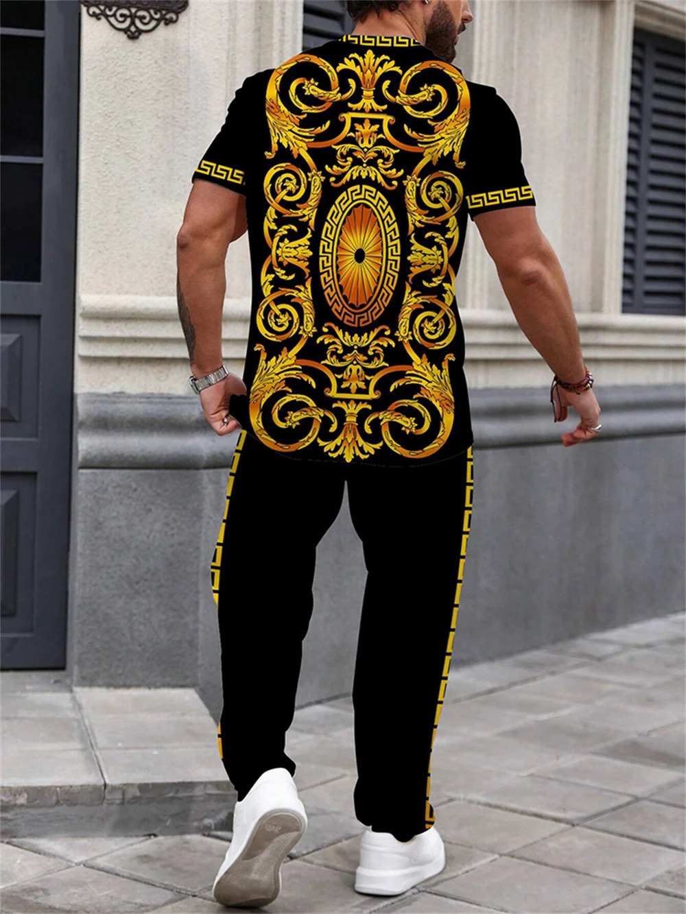 Summer Mens Short Sleeves and Pants Power Lion Print Retro Style Mens Fashion Pants and Short Sleeves 2-piece Set 250102
