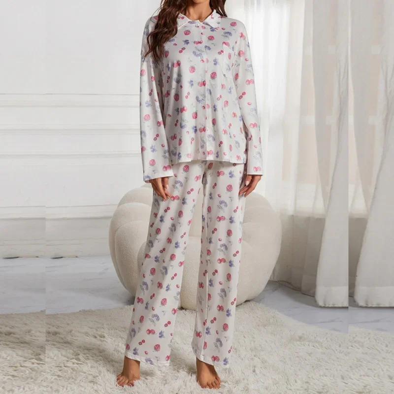 Women Autumn Two Pieces Pamas Set Long Sleeve Pants Cardigan V-neck Thin Loose Homewear With Cartoon Cute Painting
