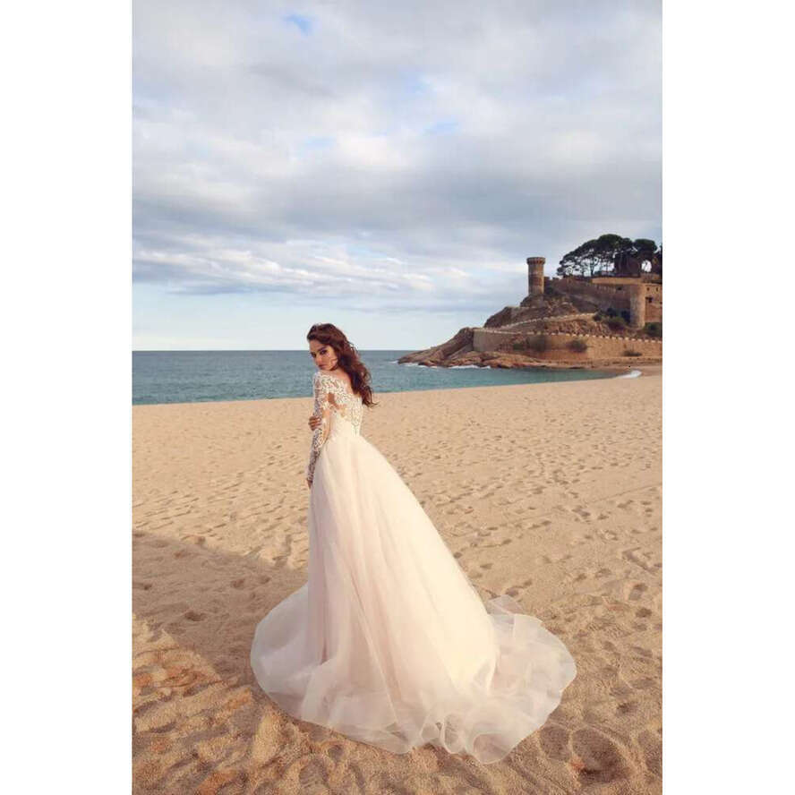 Elegant Lace Appliques A-E Dress Sheer Scoop Long Sleeves Tulle Boho Wedding Gowns Vestido De Novia Beach Dresses