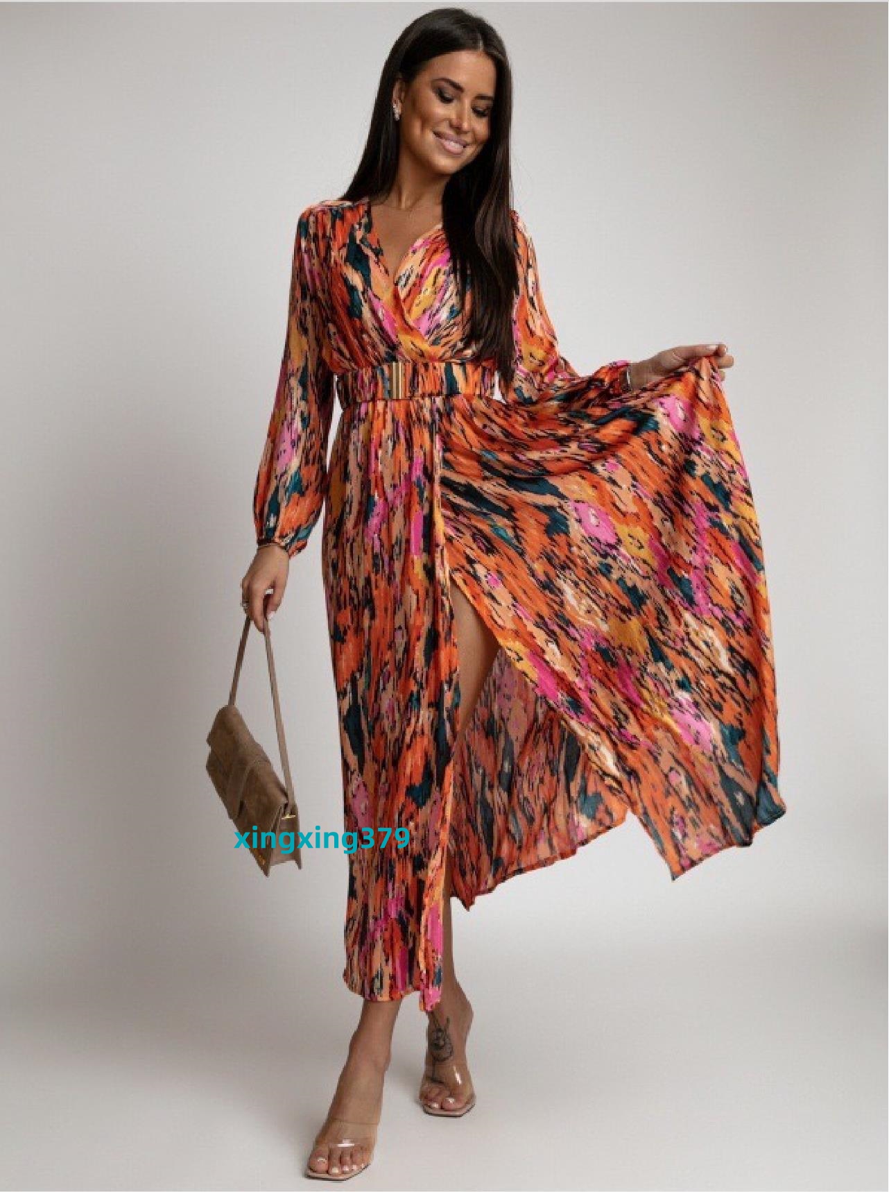 Casual Dresses BOHO INSPIRED MULTICOLORED FLORAL PRINT summer DRESS women buttons down belted long sleeve woman dress elegant ladies dress 0830