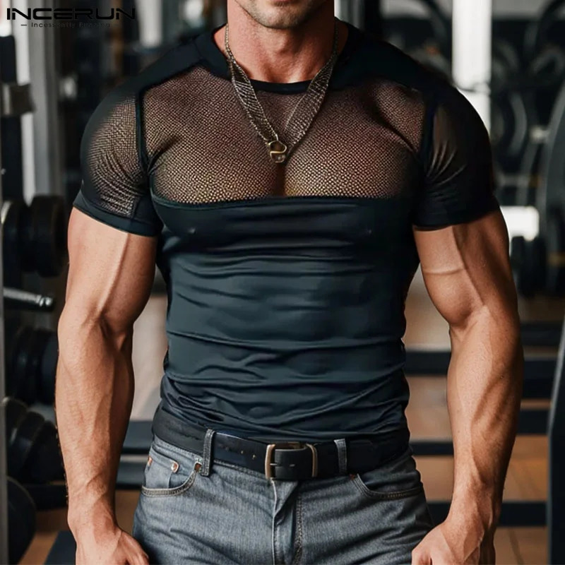 INCERUN Tops 2024 American Style Fashion Men Mesh Splicing Solid T-shirts Casual Streetwear O-neck Short Sleeved Camiseta S-5XL 250102