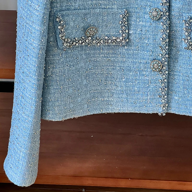 Women French Small Fragrance Blue Sequined Round Neck Studded Lace High Quality Party Elegant Lady Tweed Coat