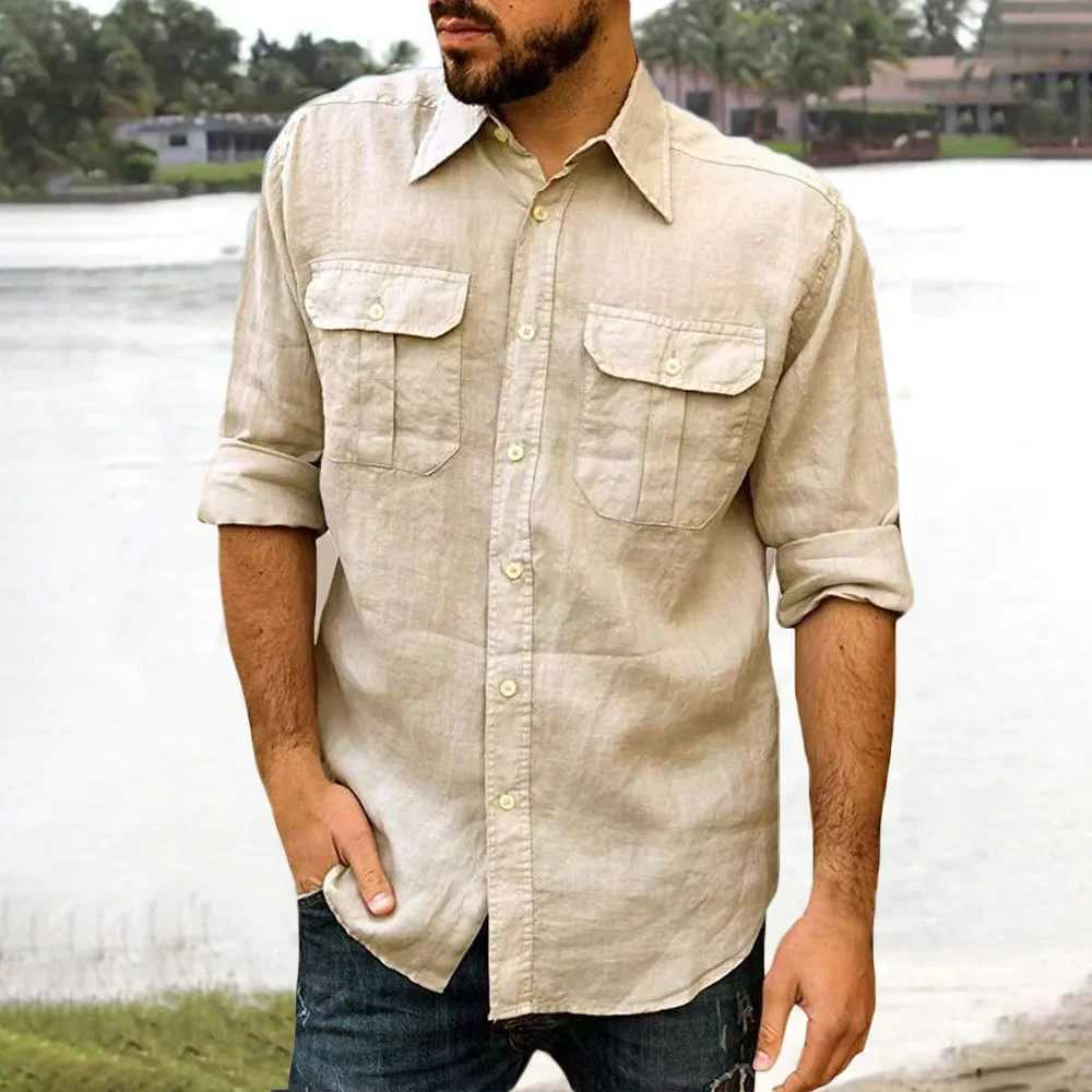Cotton linen mens long sleeved solid color casual top with collar and double pockets design classic shirt fashionable mens clothing W250103