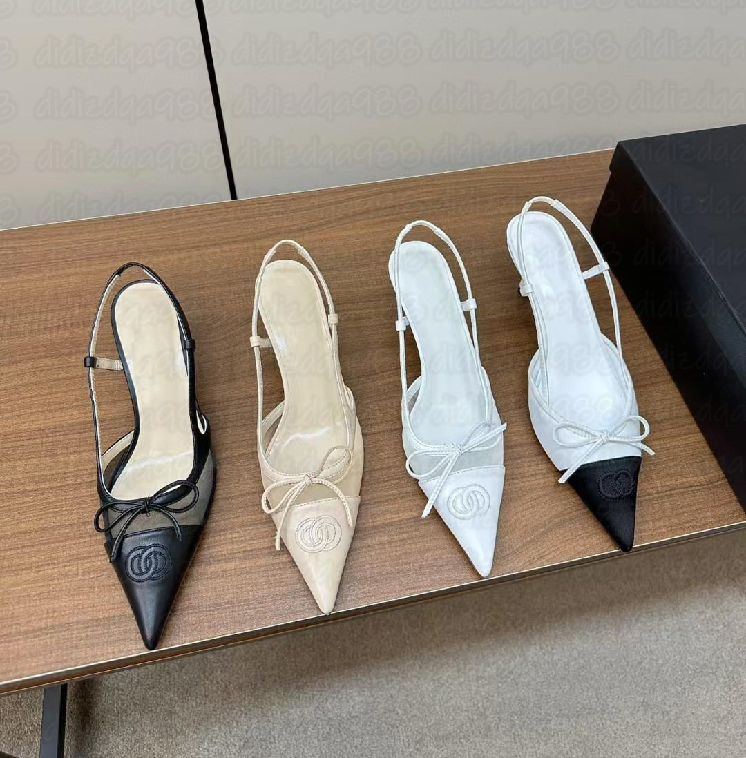 Top Quality Women pumps High Heels Pointy bow mesh sexy sandals Luxury Fashion slingback Classic Kitten heel Designer Women High Quality Single Shoes size 7.5cm