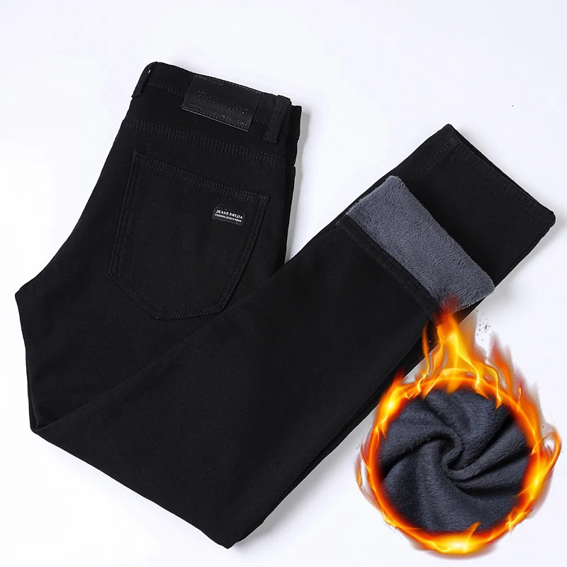 Winter Pure Black Fleece Thick Warm Jeans Mens loose Straight Elastic Denim Pants classics Casual Plush Trousers 241230