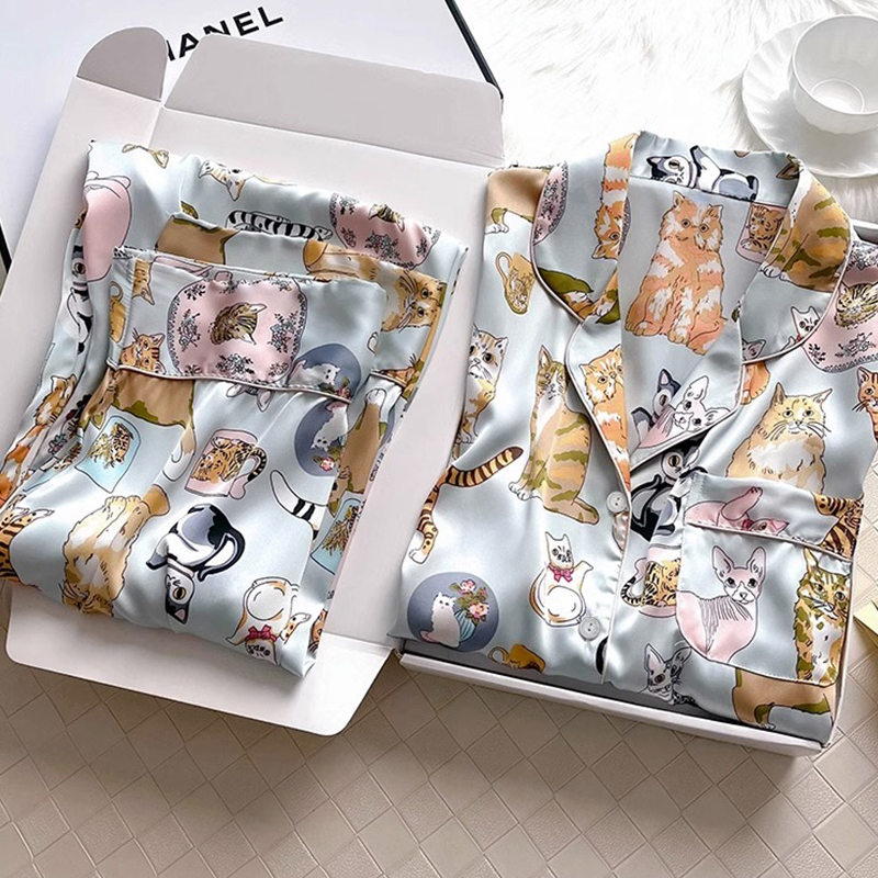 Autumn New Ice Silk Soft Lapel Button Cardigan Sets Women 2 Pieces Cute Cat Printing Pamas For Girls