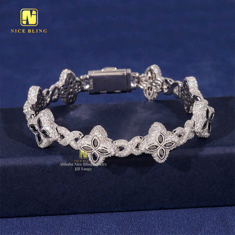HOT SELLING 15mm Colorful Moissanite Flower Cuban Bracelet Ready Stock Hip Hop Fancy Diamond Cuban Link Chain Moissanite 925