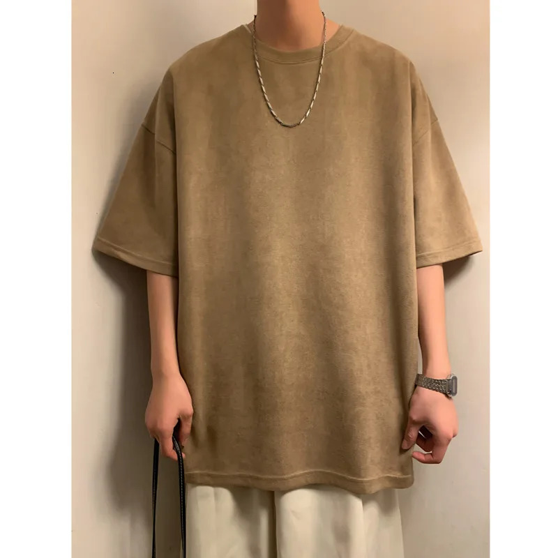 Suede T-shirt Men Oversized Fashion Solid Color Retro T Shirt Men Streetwear Summer Loose Short Sleeved T-shirt Mens Top M-3XL 250102