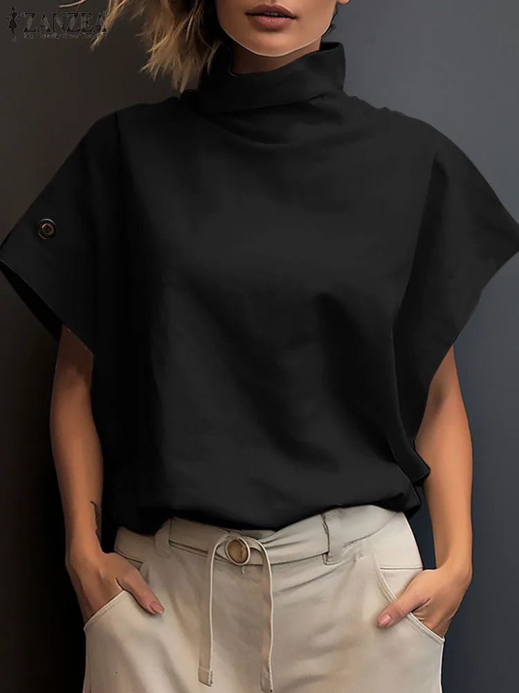 Womens Fashion OL Work Shirt ZANZEA Summer Elegant Turtle Neck Short Sleeve Shirt Casual Loose Office Top Party Blue 250102