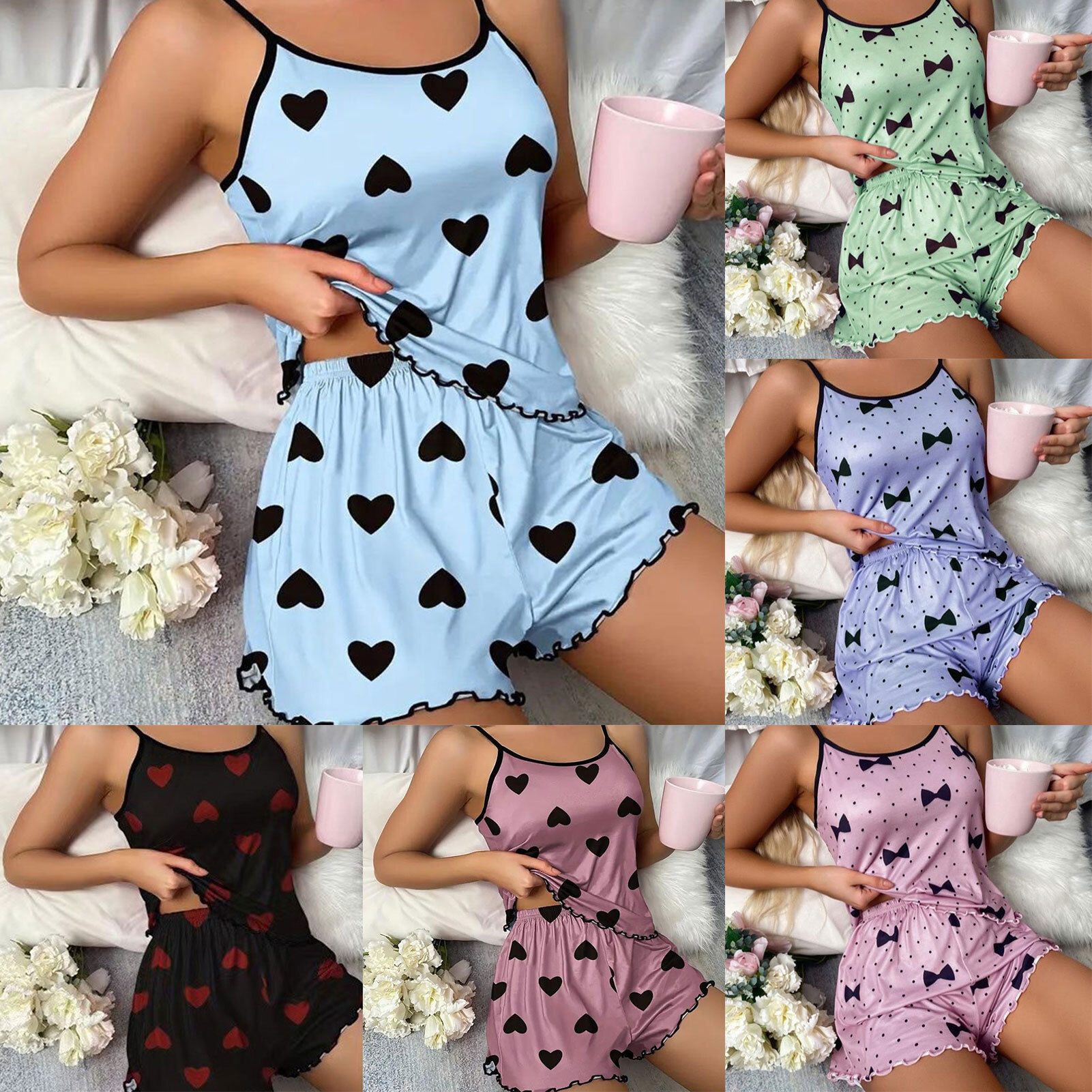 Women Satins Pamas Set Cute Sexy Soft Cozy Thin Type Casual Printed Camisole Sleepwear With Shorts For Home Daily Wear