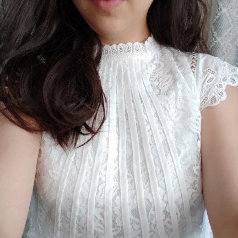 Summer casual solid womens petal sleeve lace top sweet chiffon O-neck short shirt elegant and chic 01C 250102