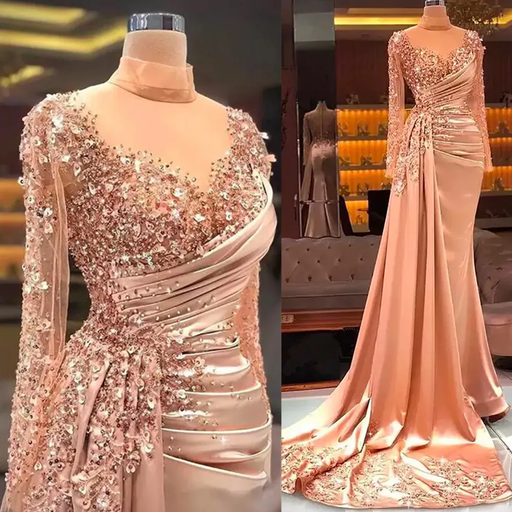 Luxury Arabric Beading Mermaid Evening Dresses Long Sleeves High Neck Sequin Satin Celebrity Prom Gown Arabic Dubai Formal Wear