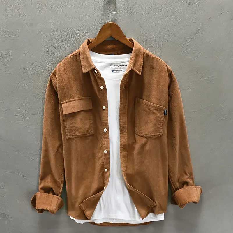 Korean retro Corduroy shirt mens cargo jacket casual spring long sleeved loose casual shirt jacket Y2k fashionable mens clothing W250102