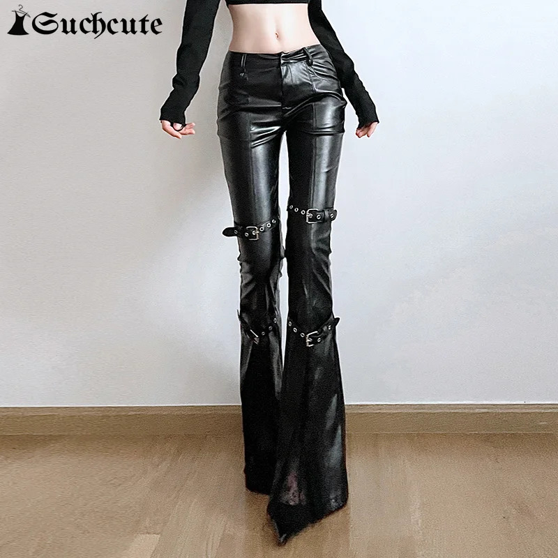 SUCHCUTE PU Leather Shining Pants Gothic Buckle Lace Patch Work Pants Womens Fashion Y2K Street Clothing Retro Aesthetics Leisure Trojan Horse 250102