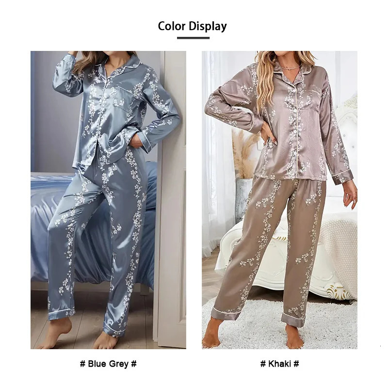 Women Satin Pajama Casual Sleepwear Home Clothes Suit Autumn Long Sleeve Button Up Top Pants Nightwear Loungewear Pyjama Femme 250103