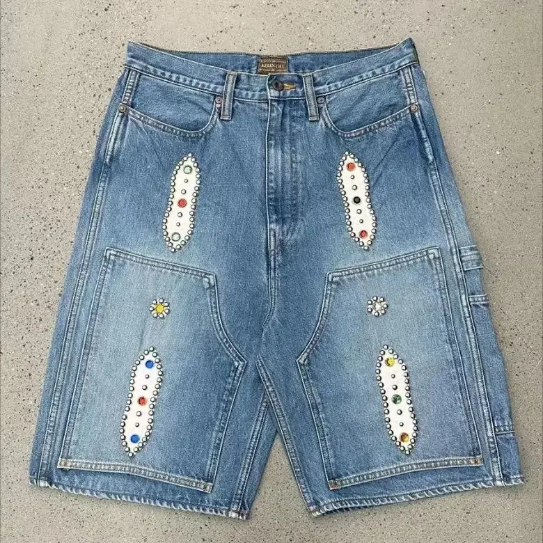 US Trend Denim Shorts Blue Stained Retro Vintage Washed Loose River Shiny Casual Denim Shorts 241230