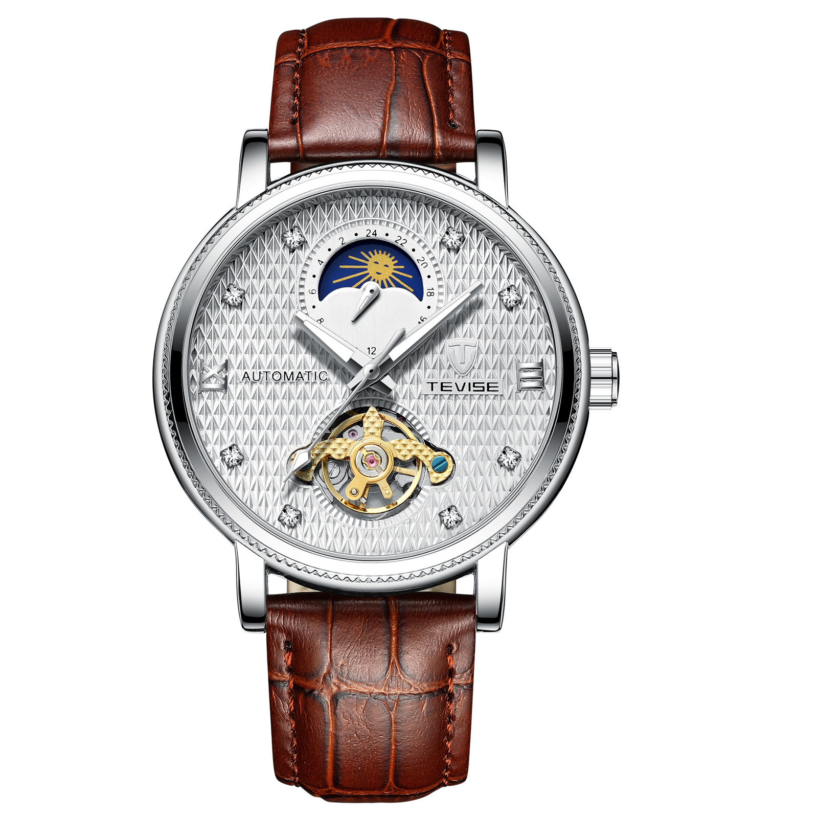 TEVISE Mechanical Watch Automatic Movement Genuine Leather Strap Luminous Function Mens W Watch T026-612