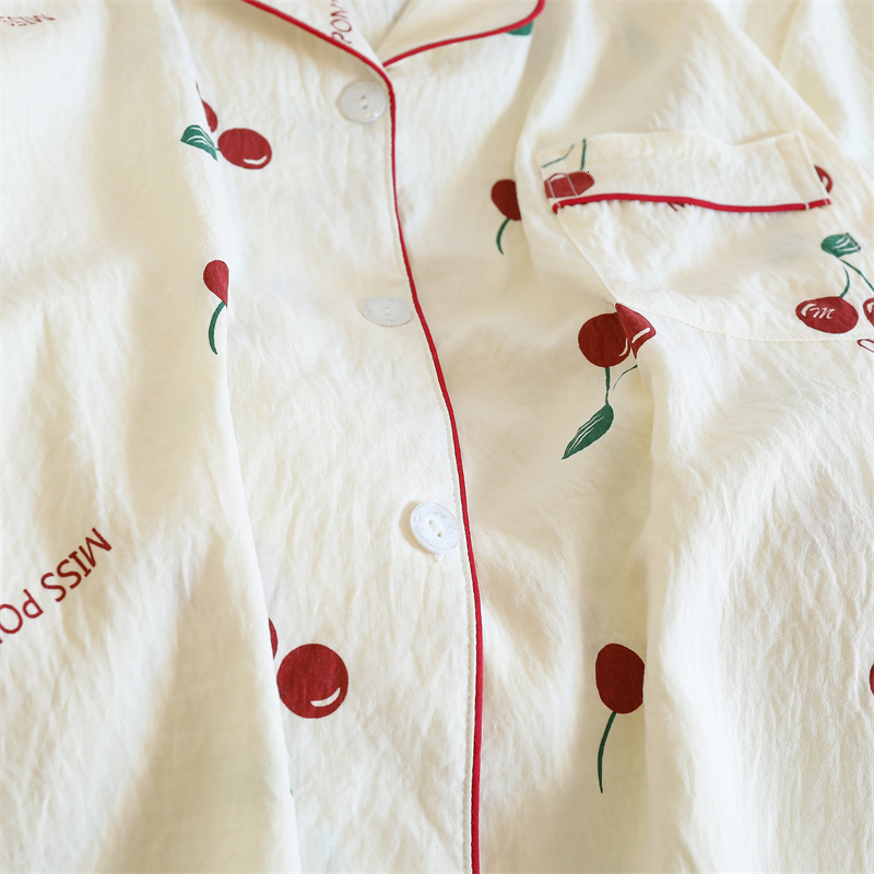Cherries Print Two Pieces Autumn Faux Cotton Pamas Korean Fashion Home Clothes Ladies Pants and Top Set Pijamas