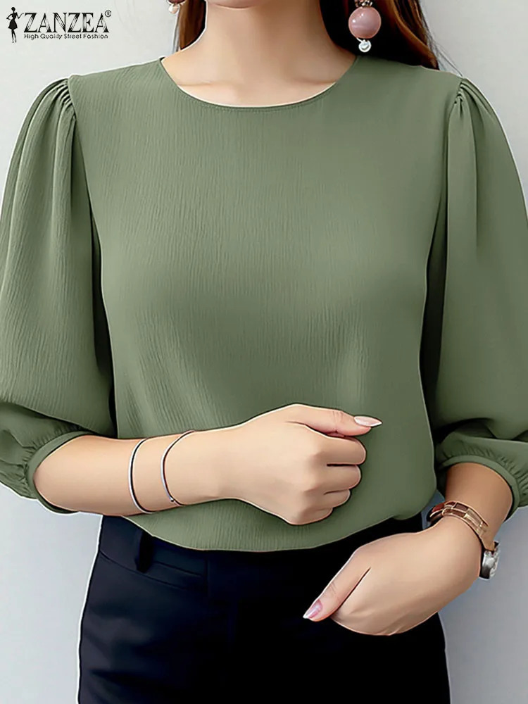 ZANZEA Elegant Womens Puff Sleeve Top Summer 3/4 Sleeve O-Neck Texture Blue Fashion Solid Color Tuned Top 250102