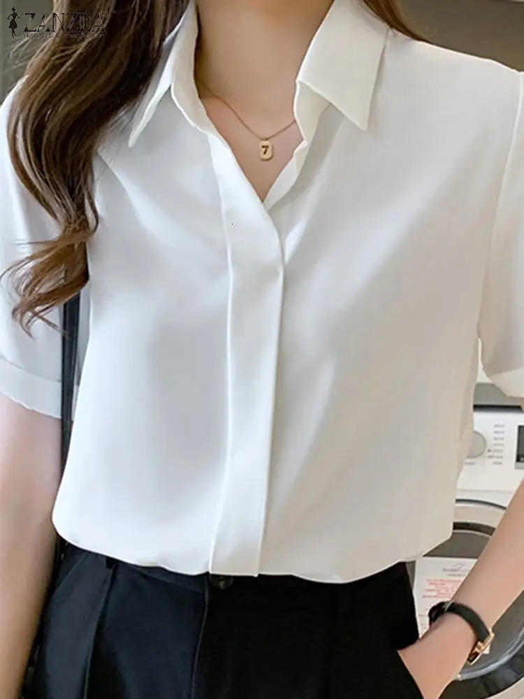 Womens Summer Top Elegant Solid Shirt ZANZEA Casual Collar Short Sleeve Office Womens Work Blusas Women OL Tuning Chemicals 250102
