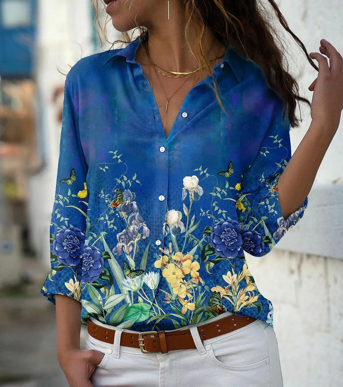 Elegant and loose womens casual shirt heat-resistant long sleeved womens shirt 250102