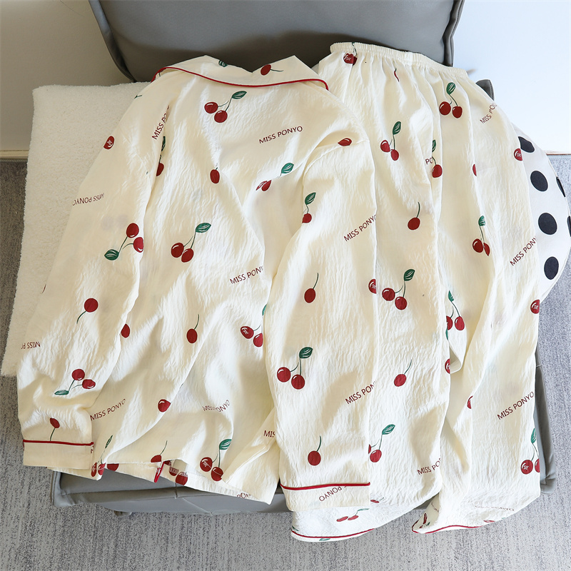Cherries Print Two Pieces Autumn Faux Cotton Pamas Korean Fashion Home Clothes Ladies Pants and Top Set Pijamas