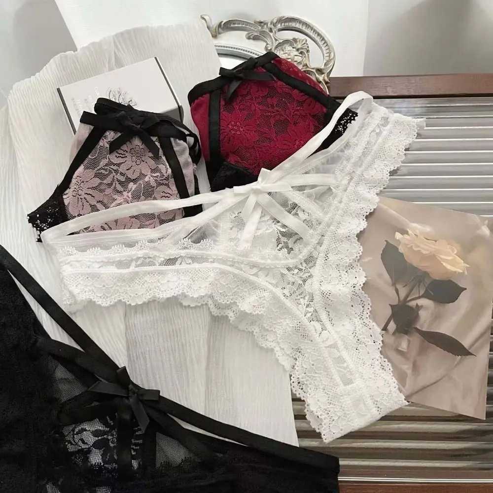 Breathable Patch Work Network Flower Bow Underwear Ruffle thong Lace Transparent Fabric Low Waist Hollow Women W250103