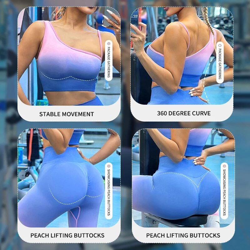 Gradient Hanging Tie Dye Sexy Beauty Back Bra Strap High Waist Lifting Hip Yoga Pants 2Piece Set