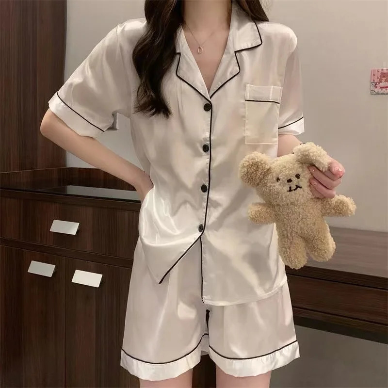Women Silk Satin Pajamas Pyjamas Set Sleepwear Pijama Couple Suit Drop Sales Loungewear 250103