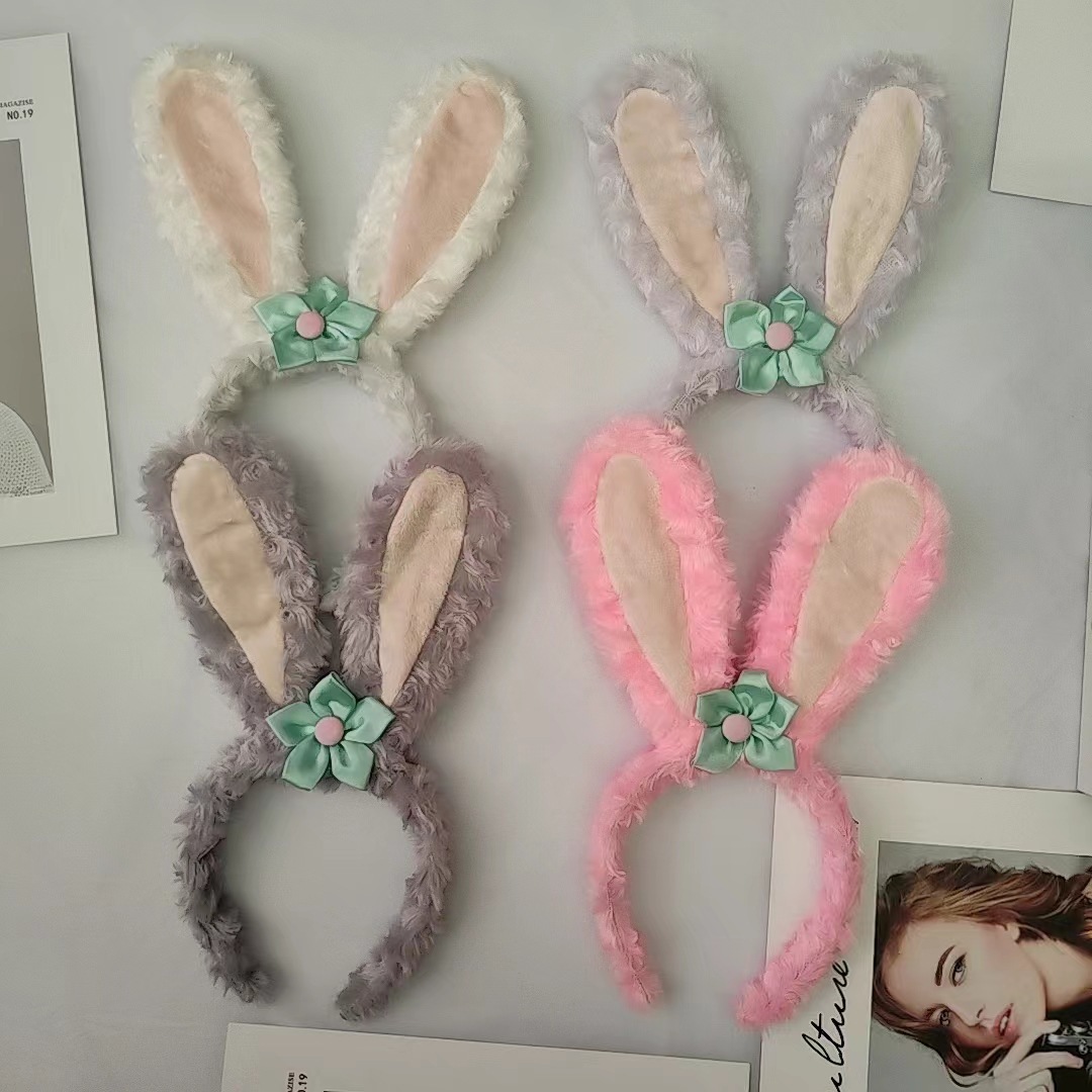 Luminous cartoon plush headband with cute bunny ears and furry hair pressure headband for girls