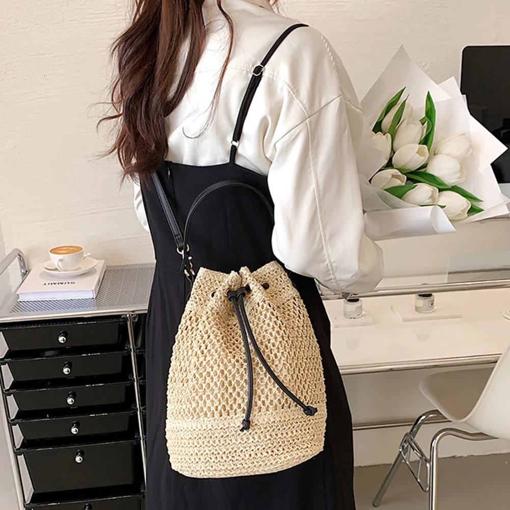 Summer Straw Woven Beach Bag Rattan Ladies Purses Handbag Wrist Pack Women Handle Female Bucket Tote Bags Knit Travel 250102