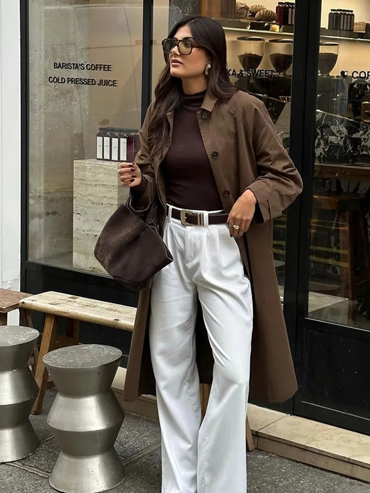 Retro Brown Lapel Long Sleeve Trench Coat Women Elegant Fashion Solid Color High Street Overcoat 2024 Lady Commute Outerwear 241224