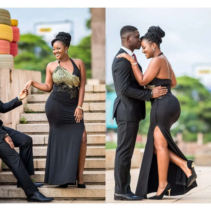 Arabic African Black Sexy Halter Prom Dresses With Gold Sequins Lace Appliqued Side Split Formal Evening Party Dress Fashion Wear 6660311