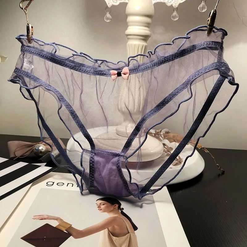 Women Sexy Transparent Panties Pink Bow Cotton Crotch Briefs Female Mesh Breathable Underwear Wave Edged Hollow Out UnderpantsXJ250103