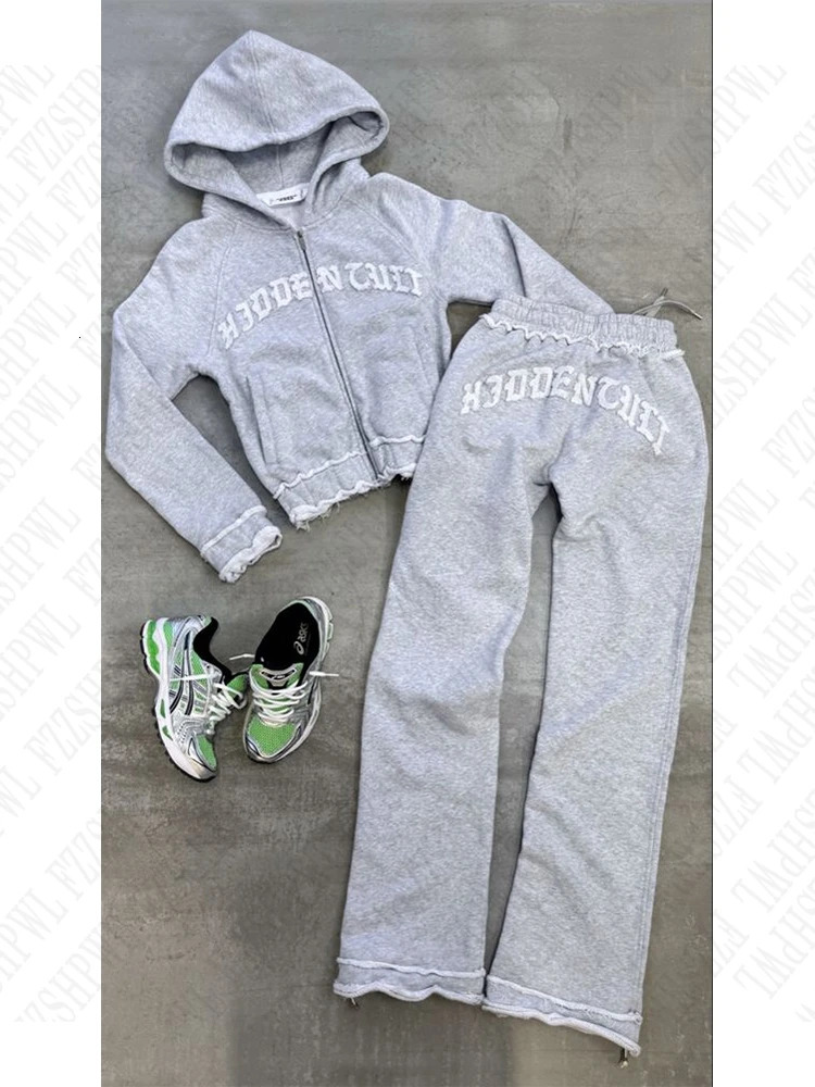Fashion Grey Autumn Winter Set Punk Casual Retro Burr Street Burr Emo Girl Fairy Zipper Jacket Fashion Trousers 250102