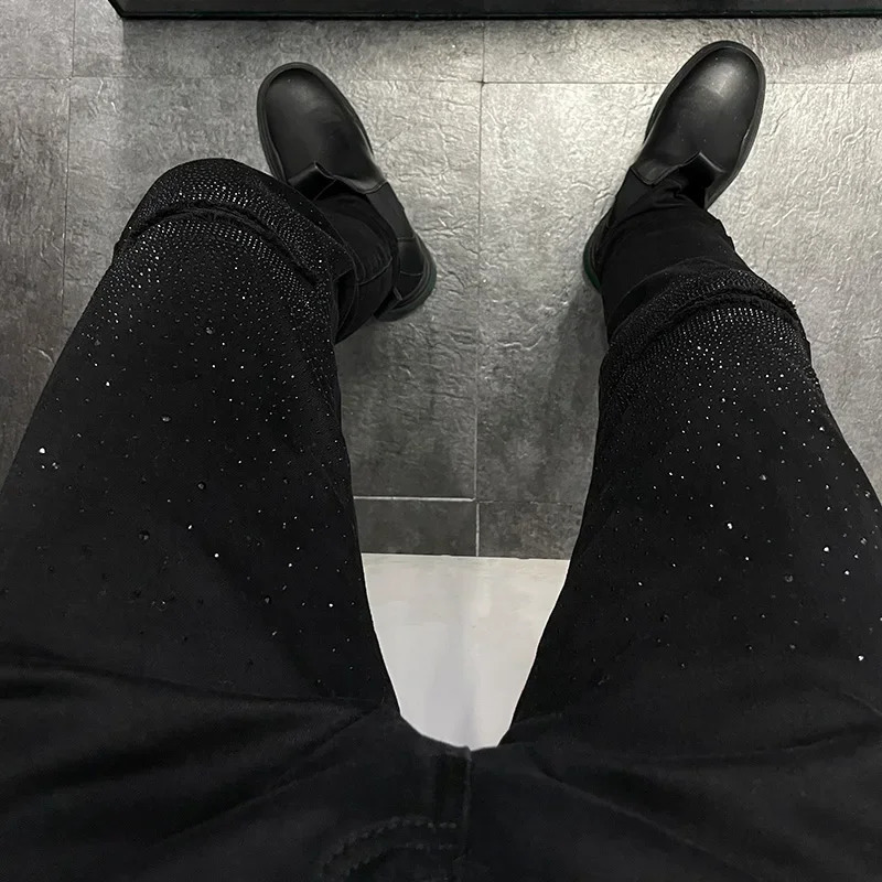 Black Rhinestone Jeans Mens Fall Slim Fit Stretch Feet Pants Fake Ripped n Casual Long Mens Pants Autumn Clothes 241230