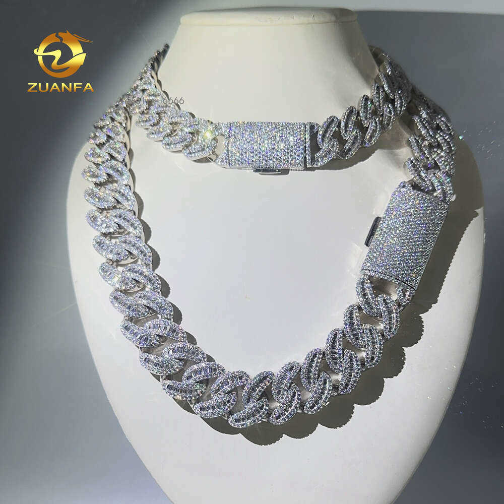 Zuanfa New Arrival 18mm 22mm Moon Shape Baguette Moissanite Cuban Link Chain Ice out Sterling Silver Miami Chain Necklace
